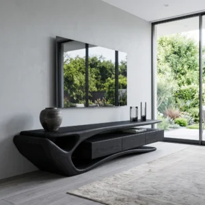 Black contemporary TV stand with sculptural curved side, long display surface and low cabinet beneath wall-mounted television.