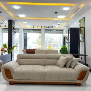 Beige Leaf sofa with curved wooden-look arm inserts and rounded upholstered arms