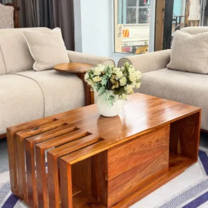 Mahogany coffee table with polished rectangular top, parallel wooden slats and open end compartments