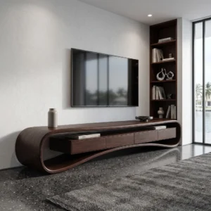 Dark-brown TV stand with continuous curved loop frame, recessed open shelf and lower drawer-style cabinet fronts beneath a wall-mounted television.