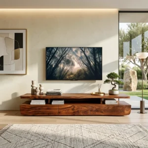 Brown TV stand with open media shelving, three wood-grain-look lower cabinet fronts and softly rounded outer corners beneath a wall-mounted television.