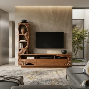 Sculptural TV wall unit with tall curved display tower, open shelves and long lower entertainment cabinet