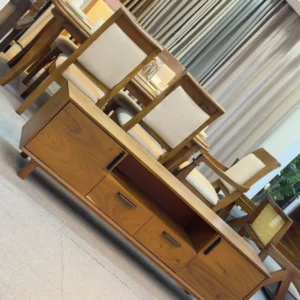 183cm Mninga hardwood TV stand with two side cabinets, central drawers and open media shelf