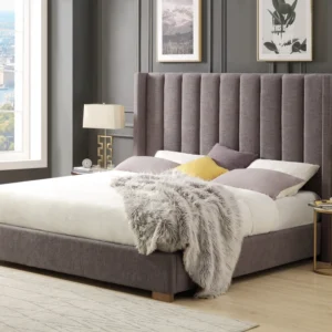 Monsoon Amberview 6×6 grey fabric upholstered bed with tall vertical channel headboard, matching upholstered frame and short wood-tone legs.