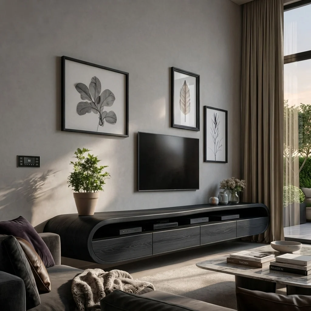 Contemporary charcoal-black TV stand with rounded capsule-shaped frame, open media shelf and dark wood-grain-look lower cabinet fronts.