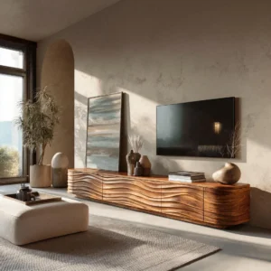 Long brown contemporary TV stand with horizontal wave-textured fronts, smooth top and warm wood-grain appearance beneath a wall-mounted television.
