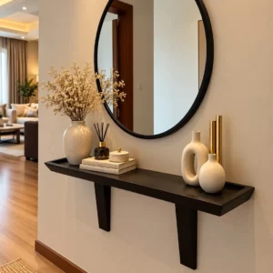 Monsoon Ashmere black wall-mounted console table with large oval mirror and two angled wall brackets.