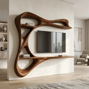 Brown wall-mounted TV shelving unit with asymmetrical curved frame, open sculptural shelves and central space surrounding a television.