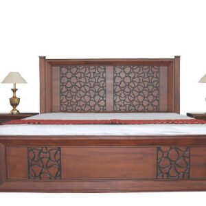 Monsoon Aspengate 6×6 reddish-brown wooden bed with two interlocking-circle lattice headboard panels and matching raised footboard.