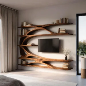 Brown wall-mounted TV shelving unit with sculptural tree-branch supports, long open bookshelves and a central television area.