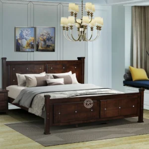Monsoon Aspenvale 5×6 dark brown wooden bed with framed headboard, small silver-tone decorative studs and matching raised footboard.