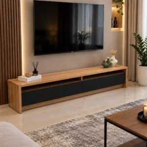 Avalon 6 ft TV stand with brown frame and light fronts