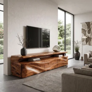 Warm brown TV stand with flowing sculpted wood-grain fronts, long upper shelf and lower drawer-style cabinet sections.