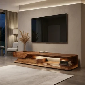 Modern TV stand with long raised upper shelf, angled left front, staggered compartments and open lower platform