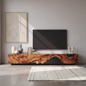 Long brown TV stand with swirling wood-grain cabinet fronts, irregular dark detailing and short legs beneath a wall-mounted television.