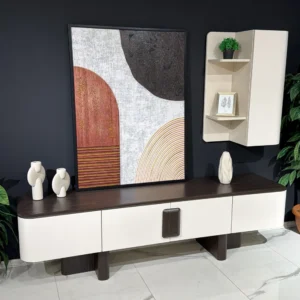 Beckett 201cm two-tone TV stand with open central shelves