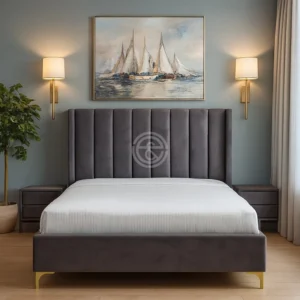 Monsoon Beechcrest 6×6 charcoal grey fabric bed with tall vertically channelled headboard, matching upholstered footboard and gold-tone legs