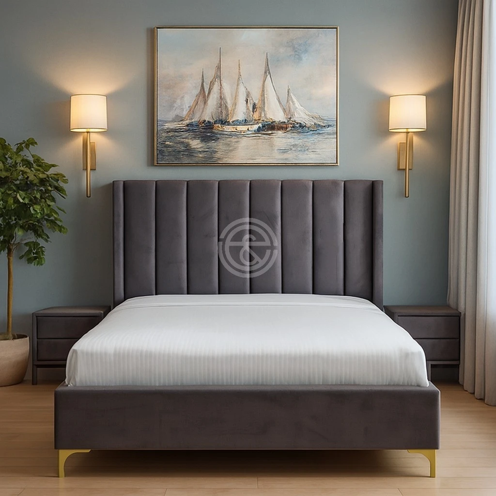 Monsoon Beechcrest 6×6 charcoal grey fabric bed with tall vertically channelled headboard, matching upholstered footboard and gold-tone legs