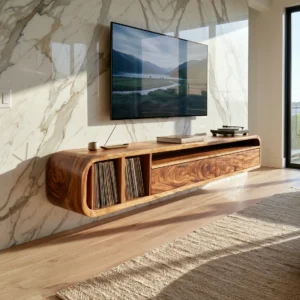 Floating TV stand with rounded wraparound frame, upright vinyl records in an open side compartment and long lower cabinet fronts.