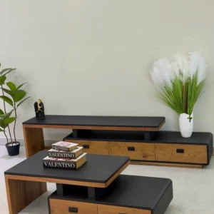 Monsoon Beechford brown and black TV stand and matching rectangular coffee table with raised tops and recessed handles.