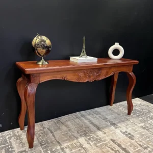 Monsoon Beechgate mahogany console table with floral carved apron, warm brown rectangular top and four curved cabriole-style legs.