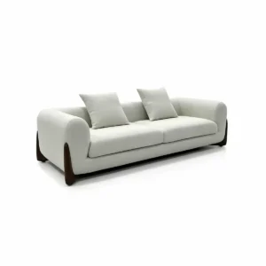 Monsoon Beechleigh cream three-seater sofa with broad rounded upholstered arms, two seat cushions, matching back cushions and dark wood-tone side supports.
