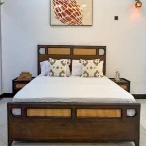 Dark brown 6×6 Linden bed with light woven headboard and matching footboard panels