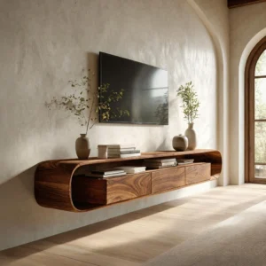 Warm brown floating TV stand with curved wraparound ends, open shelf and three lower cabinet fronts beneath a wall-mounted television.