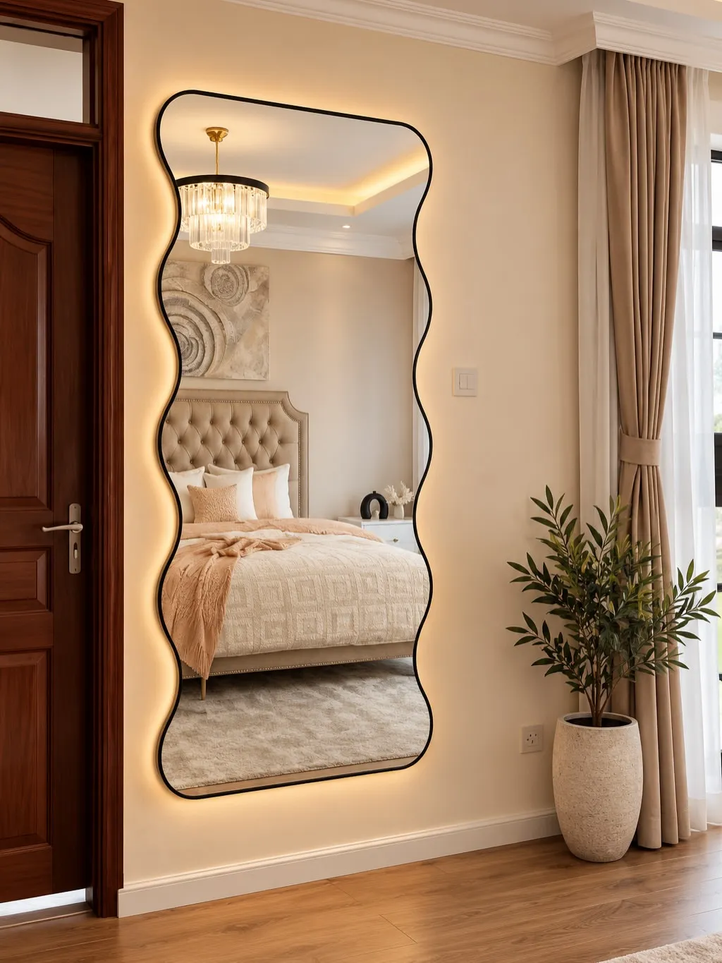 Monsoon Belgrave Wavy Backlit Wall Mirror, Black Frame, Kenya