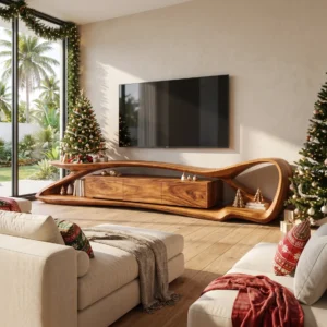 Monsoon Bellamy sculptural brown TV stand with crossed ribbon frame, large curved right loop and central three-panel cabinet.