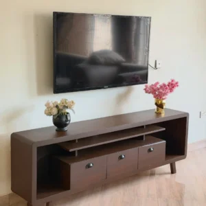 Monsoon Belldale 6-foot dark brown TV stand with long media shelf, three cup-handle fronts, open side compartments and angled legs.