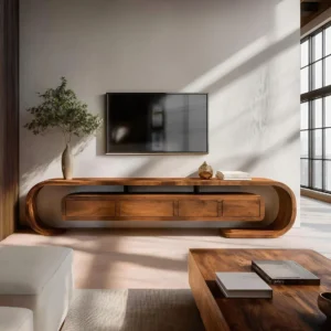 contemporary TV stand with large curved open-loop sides and four rectangular cabinet fronts beneath a wall-mounted television.