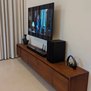 Berwick floating mahogany TV stand with closed cabinet fronts