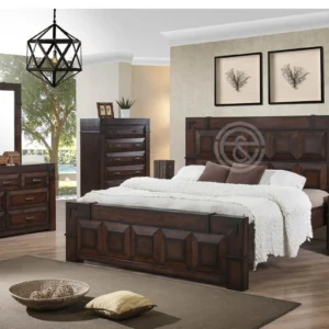 Monsoon Birchbourne 6×6 dark-brown wooden bed with raised geometric headboard, matching decorative footboard and angular framed panels.