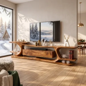 Monsoon Birchbury brown TV stand with sculptural curved supports, open shelves at both ends and a central cabinet beneath a wall-mounted television
