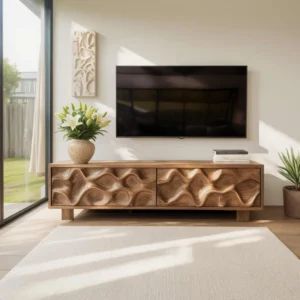 contemporary TV stand featuring two deeply sculpted wave-patterned cabinet fronts, a flat top and short rectangular legs.