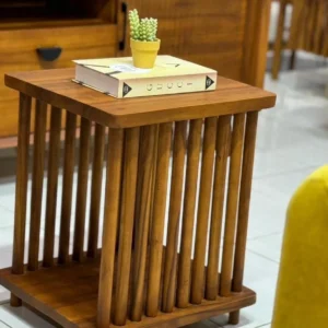 Monsoon Birchland brown wooden-look side table with vertical slats, rectangular top and open lower shelf.