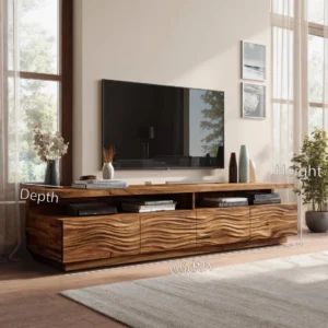 Brown TV stand featuring sculpted horizontal wave-patterned cabinet fronts, open media shelving and a long upper display surface.