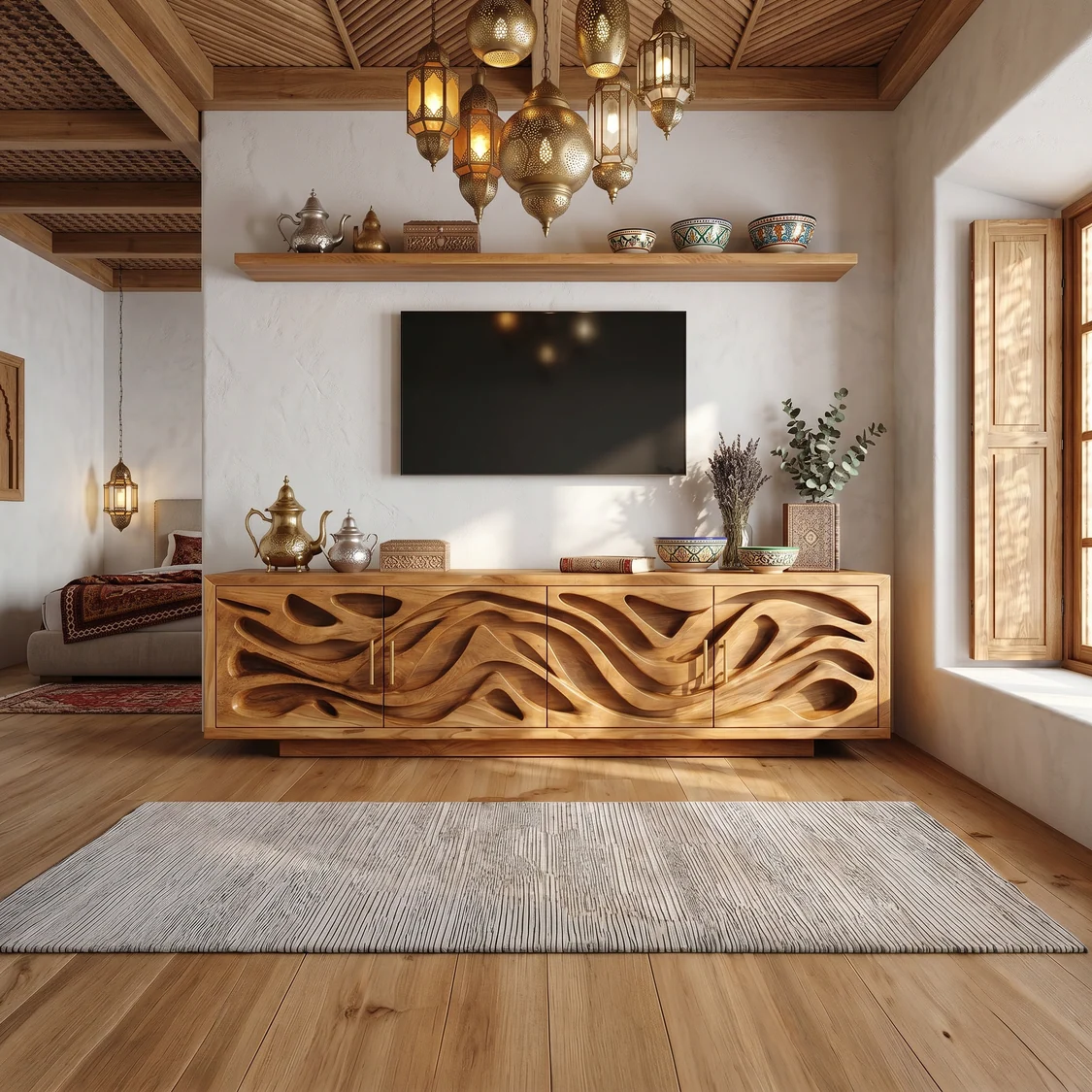 Natural-brown TV stand with sculptural flowing cut-out front panels, slim vertical handles and a long rectangular top beneath a wall-mounted television.