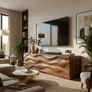 Brown TV stand with two deeply sculpted wave-patterned front panels, rectangular sides and smooth upper surface beneath a wall-mounted television.