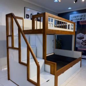 Monsoon Bolton double decker bed with 5×6 lower level, 4×6 upper level, brown and white frame, staircase storage and upper guardrails.