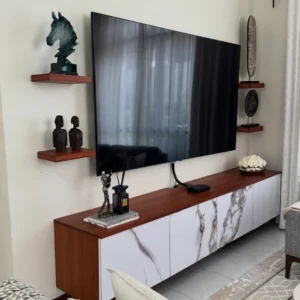 Braemar floating TV cabinet with marble-look centre fronts