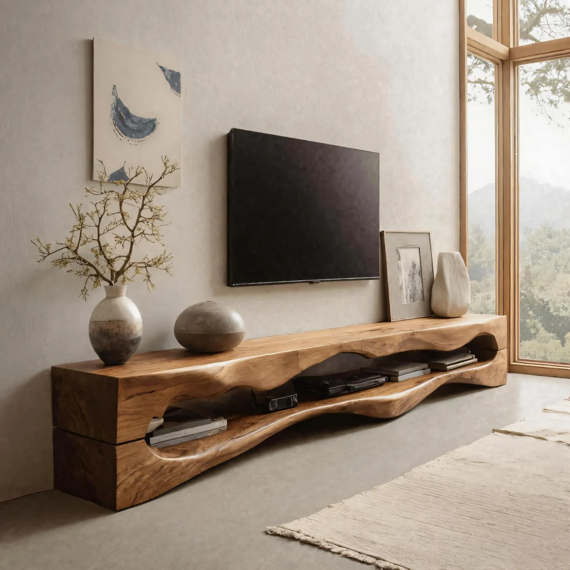 Natural-brown sculptural TV stand with irregular wavy upper surface and long open lower shelf beneath a wall-mounted television