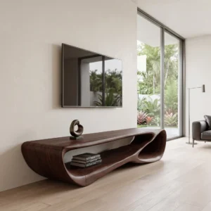 Dark brown curved TV stand with flowing sculptural sides and open lower shelf beneath a wall-mounted television