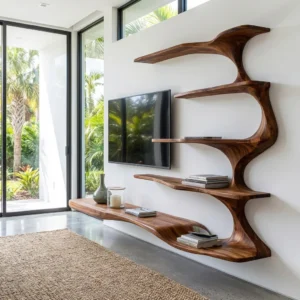 Brown wall-mounted TV shelving with sculptural tree-like branches on the right, five open shelf levels and a television positioned beside the shelves.
