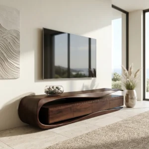 Dark brown curved TV stand with wraparound left end, tapered right edge and recessed cabinet-style front