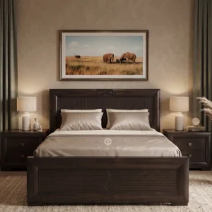 Monsoon Brookcrest 5×6 dark brown wooden bed with geometric grooved headboard and raised diamond-panel footboard.