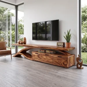 Brown sculptural TV stand with sweeping arch support, long upper shelf and three lower cabinet-style fronts