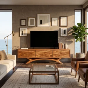 Natural-brown TV stand with three wood-grain cabinet fronts, sculptural branching curved supports and a raised rectangular cabinet.