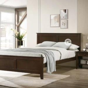 Monsoon Cedarbrook 5×6 dark brown wooden bed with vertical-panel headboard, matching raised footboard and square supporting legs.